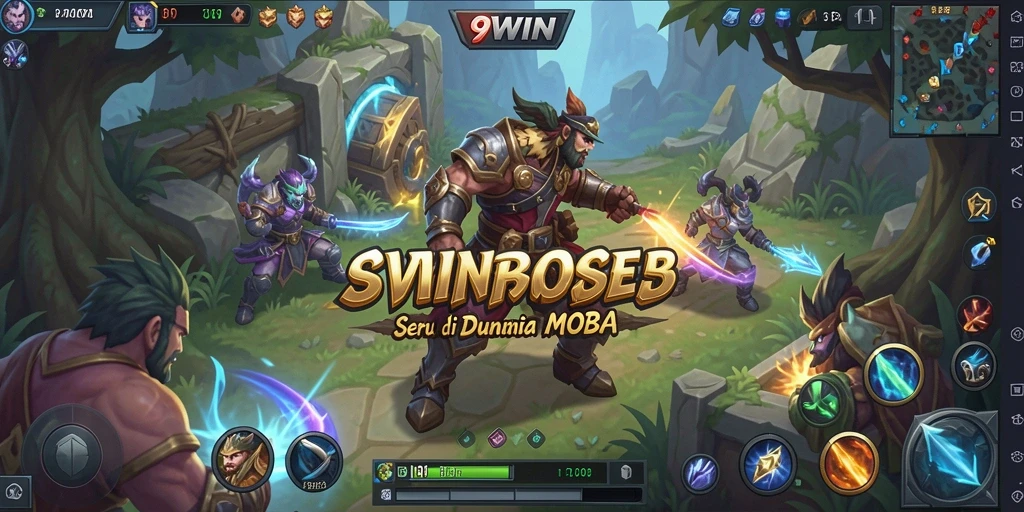 Gambar menampilkan pertempuran intens dalam gameplay MOBA 9WIN.