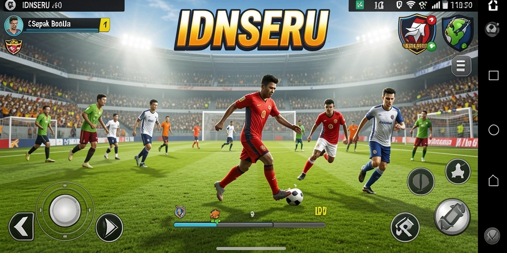 Screenshot utama IDNSERU menunjukkan aksi permainan sepak bola yang mendebarkan.