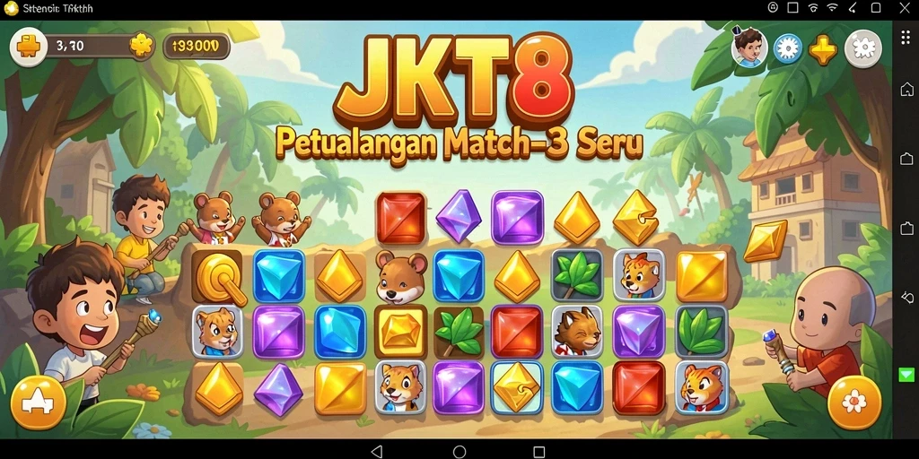 Tampilan gameplay JKT8 dengan kombinasi warna yang cerah.
