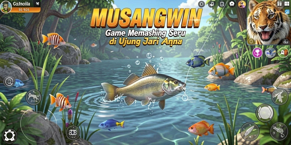 Tangkapan layar utama MUSANGWIN menampilkan gameplay memancing yang seru dan realistis.