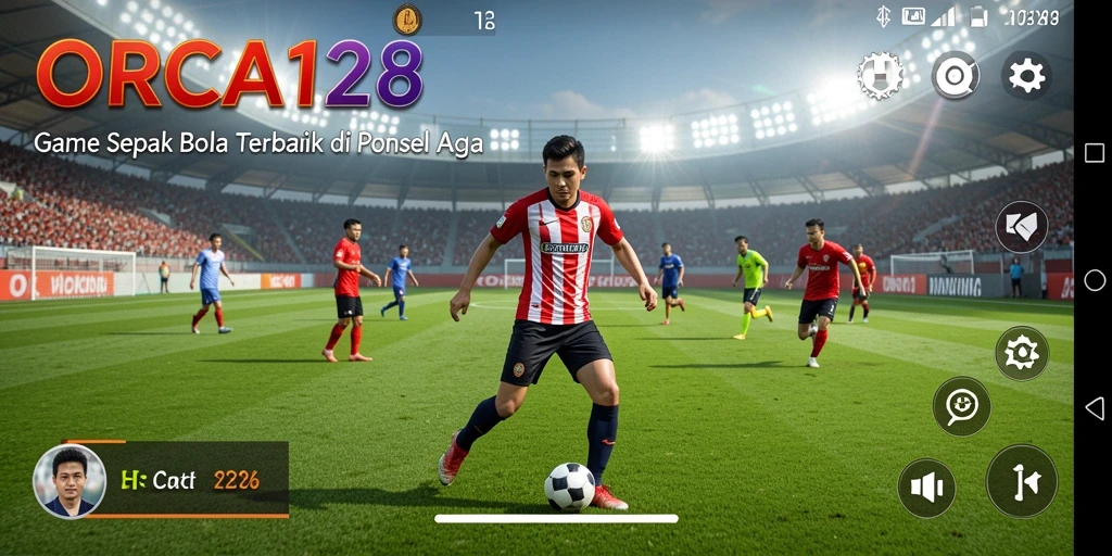 Tampilan gameplay ORCA128 dengan aksi sepak bola yang mendebarkan.