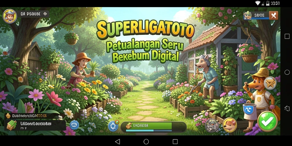 Screenshot gameplay SUPERLIGATOTO yang menampilkan kebun yang indah dan subur.